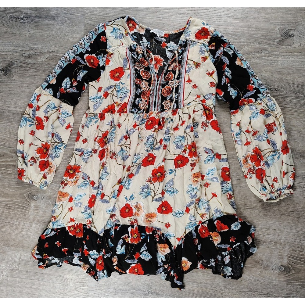 Patrons of Peace Dress Sz‎ M Multicolor Mixed Print Floral Ruffle Boho Peasant